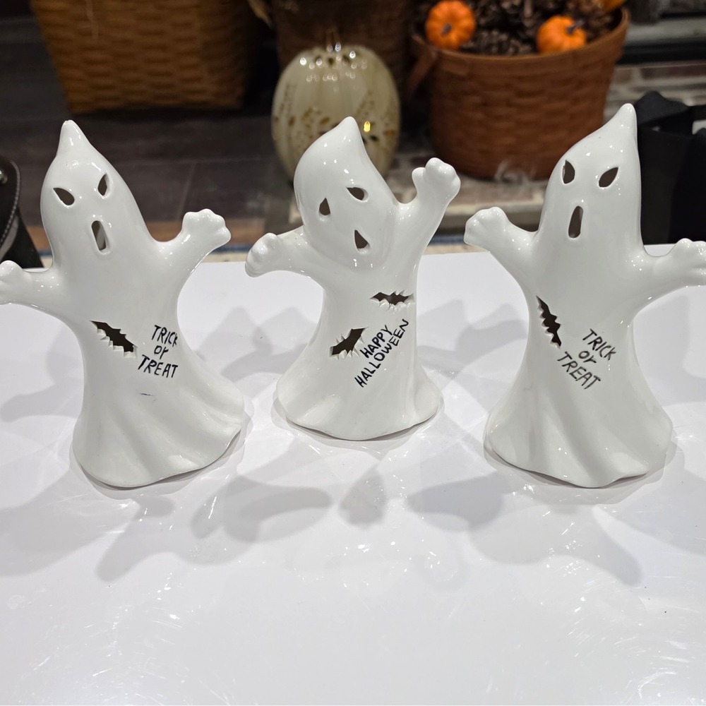 Set Of 3 Ceramic Ghosts For Halloween 5 In Tall